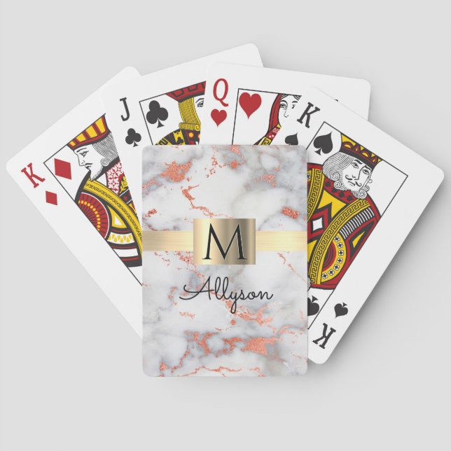 White/Rose Gold Marble Gold Box, Name/Monogram Vs4 Playing Cards (Back)