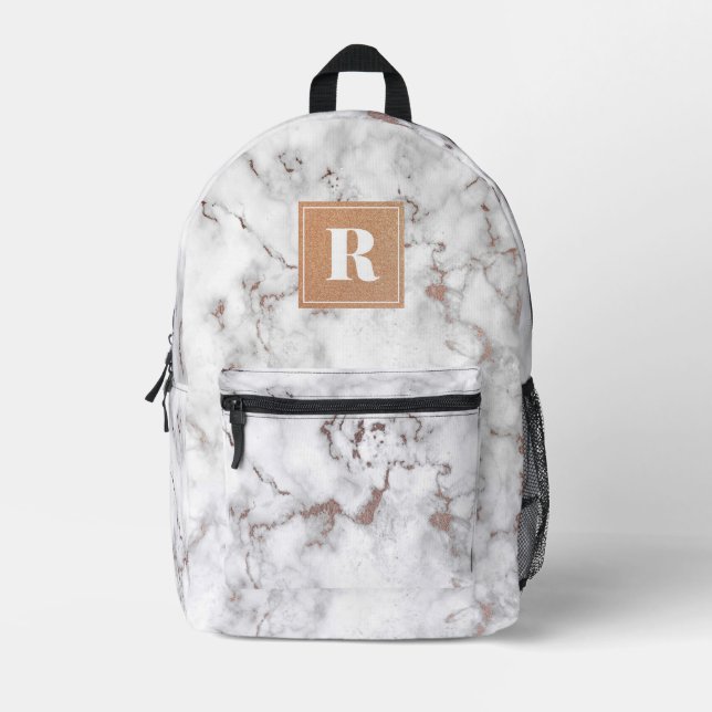 White & Rose Gold Marble Monogram Printed Backpack (Front)