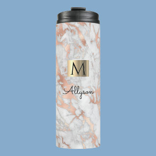 White & Rose Gold Marble, Name & Monogram, Vs 2 Thermal Tumbler