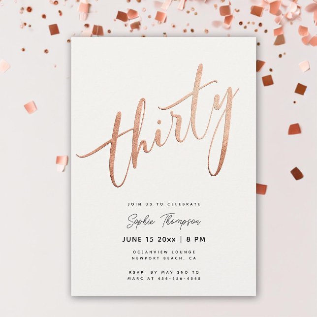 White Rose Gold Minimalist Elegant 30th Birthday Invitation (white rose gold 30th birthday invitation for women elegant classy modern chic simple calligraphy)