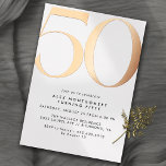 White & Rose Gold | Modern Minimal 50th Birthday<br><div class="desc">Modern 50th birthday invitations with a large heading "50" in real metallic foil. Your event details are printed below in matte black font. Rose gold on a white background. (Background colours can be changed by using the design tool. You can also change the type of metallic foil.)</div>
