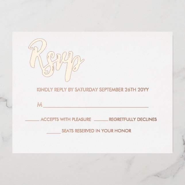 White Rose Gold Modern Script Calligraphy RSVP Foil Invitation Postcard (Front)