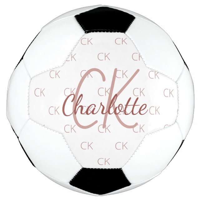White rose gold monogram initials name soccer ball (Front)