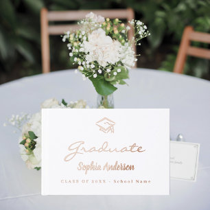 White rose gold name script cap Graduation Guest Book