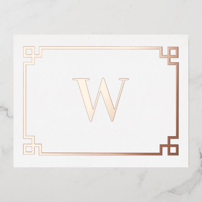 White & Rose Gold Pink Greek Key Monogrammed  Foil Holiday Postcard (Front)