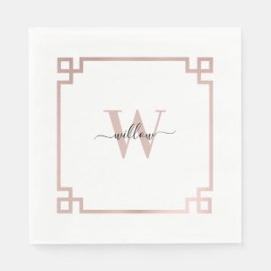 White & Rose Gold Pink Greek Key Monogrammed Napkin