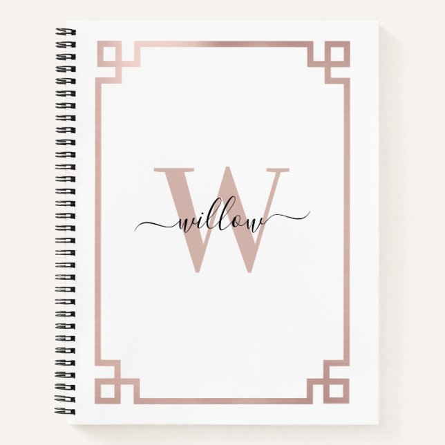 White & Rose Gold Pink Greek Key Monogrammed Notebook (Front)
