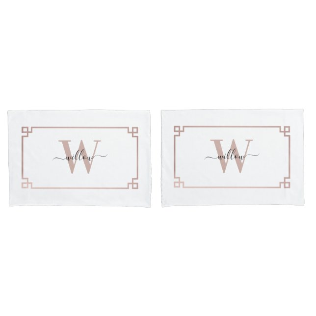 White & Rose Gold Pink Greek Key Monogrammed Pillowcase (Front-Set)
