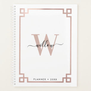 White & Rose Gold Pink Greek Key Monogrammed Planner