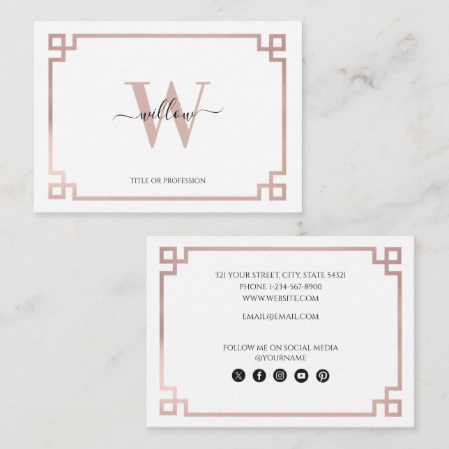 White & Rose Gold Pink Greek Key Social Media Business Card (Front/Back)