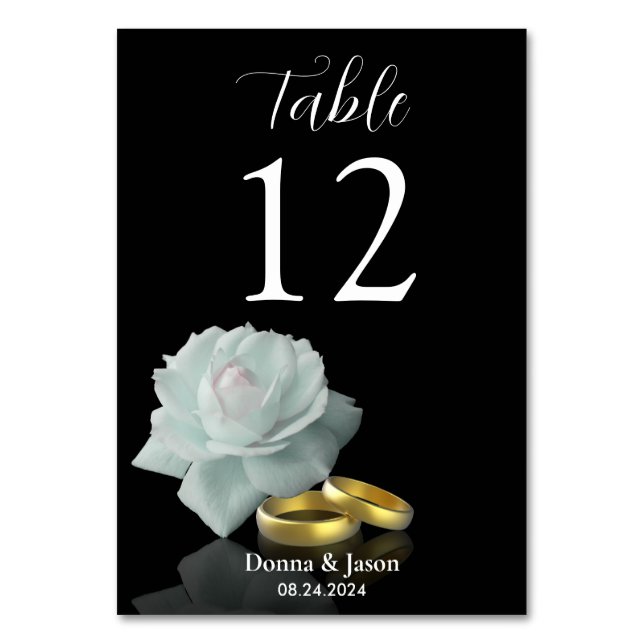 White Rose Gold Rings Elegant Wedding Black Script Table Number (Front)