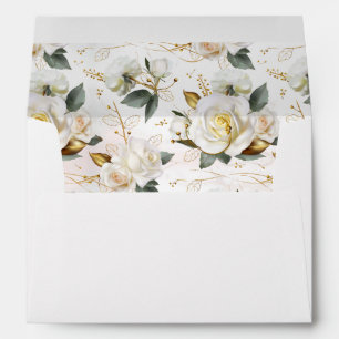 White Rose Gold Romantic Floral Wedding Envelope