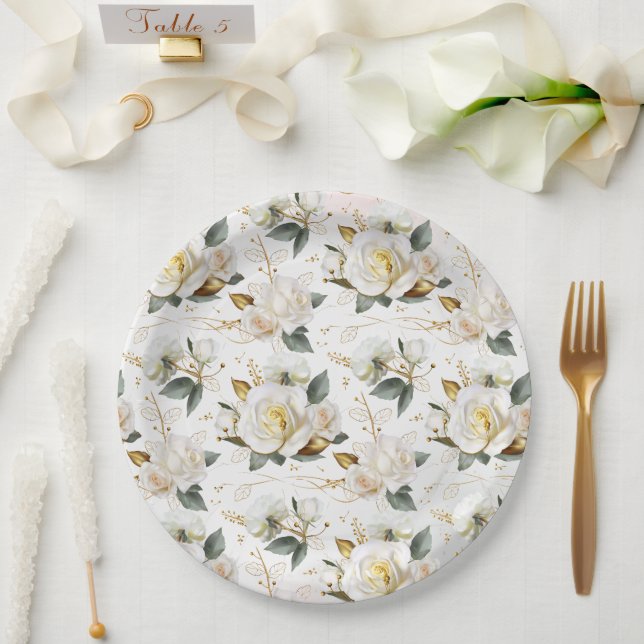 White Rose Gold Romantic Floral Wedding Paper Plate (Wedding)