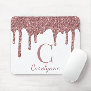 White Rose Gold Sparkle Glitter Drips Monogram Mouse Pad