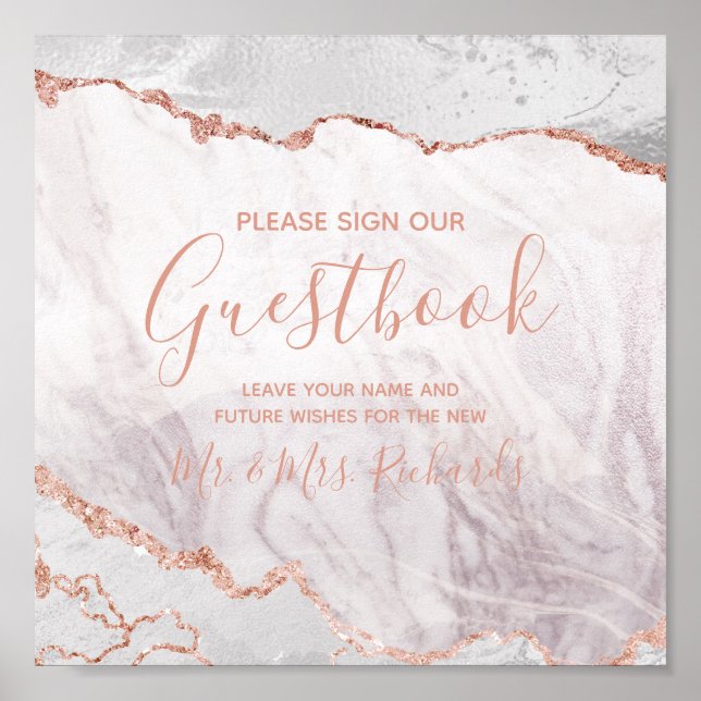 White & Rose Gold Wedding Guestbook Table Sign (Front)