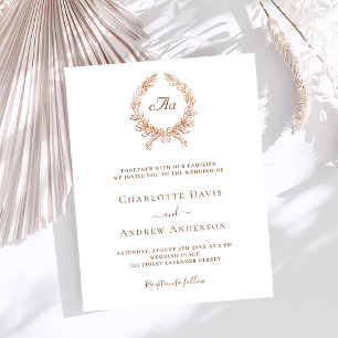 White rose gold wreath monogram wedding invitation
