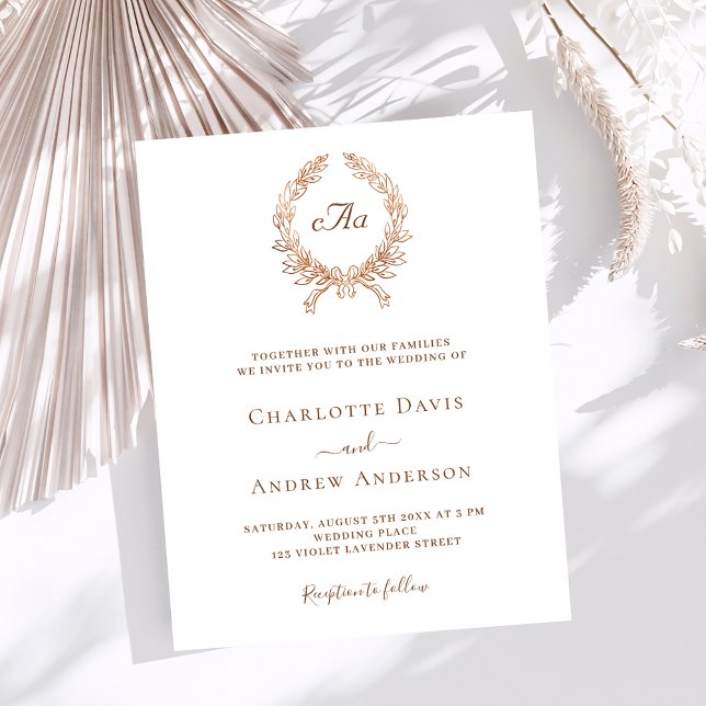 White rose gold wreath monogram wedding invitation (Creator Uploaded)