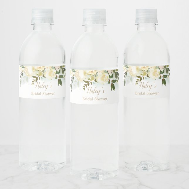 White rose greenery Bridal Shower Water Bottle Label (Bottles)