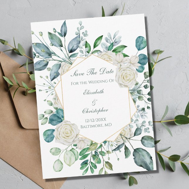 White Rose Greenery Eucalyptus Wedding  Save The Date (Creator Uploaded)