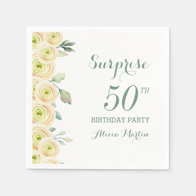 White Rose Greenery Flora Surprise 50th Birthday Napkin (Front)