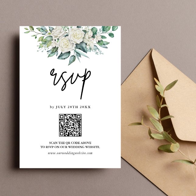 White Rose Greenery Floral QR Code Wedding RSVP Card (Creator Uploaded)