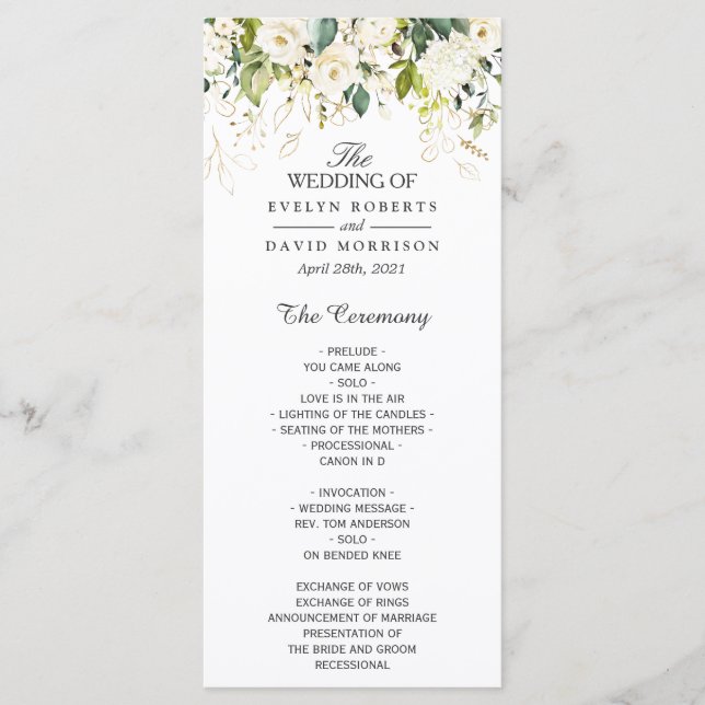 White Rose Greenery Floral Wedding Programme (Front)