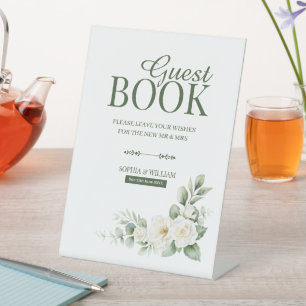 White Rose Greenery Guest Book Tabletop Sign