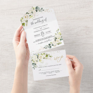 White Rose Greenery Wedding All In One All In One Invitation