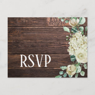White rose hydrangea floral dark wood wedding rsvp invitation postcard