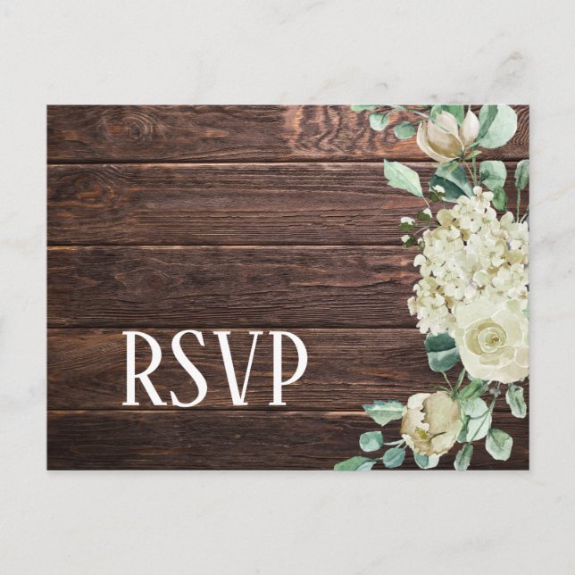 White rose hydrangea floral dark wood wedding rsvp invitation postcard (Front)