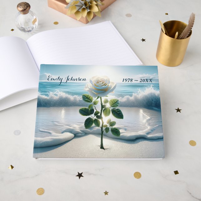 White Rose In Beach Sand Guest Book (Front Open)