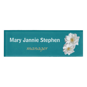 White rose in teal, beautiful name plate
