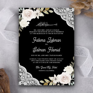 White Rose Lace Black QR Code Muslim Wedding Invitation