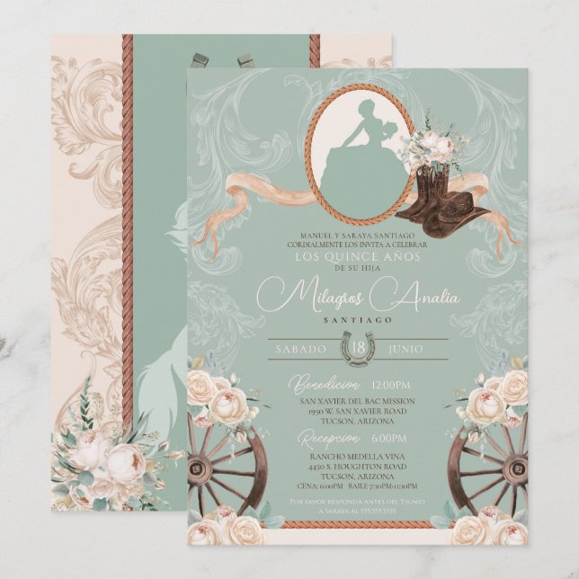 White Rose Mint Elegant Charro Western Quinceanera Invitation (Front/Back)