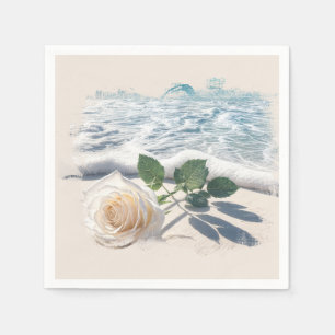White Rose On Beach Sand  Napkin