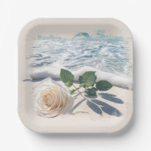 White Rose On Beach Sand Paper Plate