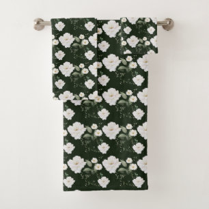 White Rose on Black Floral Bath Towel Set