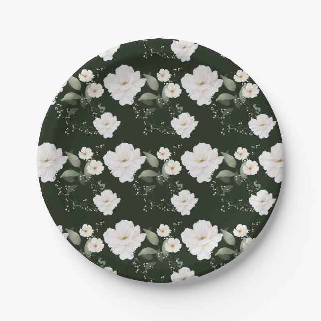 White Rose on Black Floral Paper Plates Tableware (Front)
