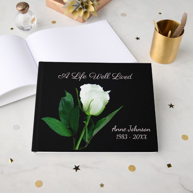 White Rose On Black For Funeral Guest Book (Front Open)