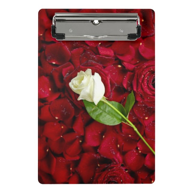 White Rose On Red Petals Mini Clipboard (Front)