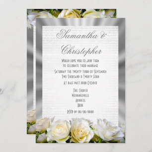 White rose on silver grey wedding invitation