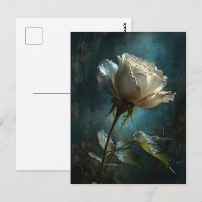 White Rose on Teal Painted Background Postcard (Front/Back)