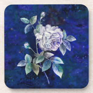 White Rose on Textured Blue- Navy Ground Coaster