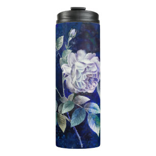 White Rose on Textured Blue- Navy Ground Thermal Tumbler