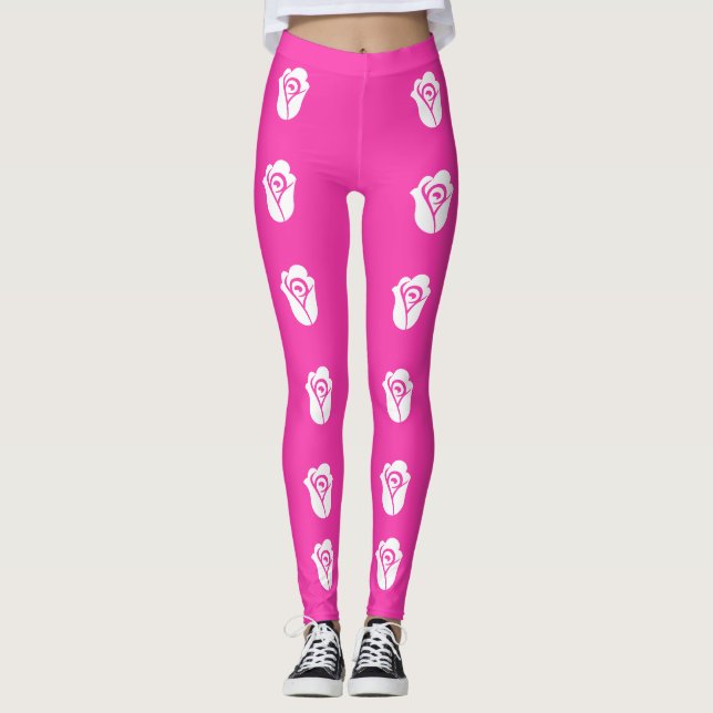 White Rose over Pink Pattern Leggings (Front)