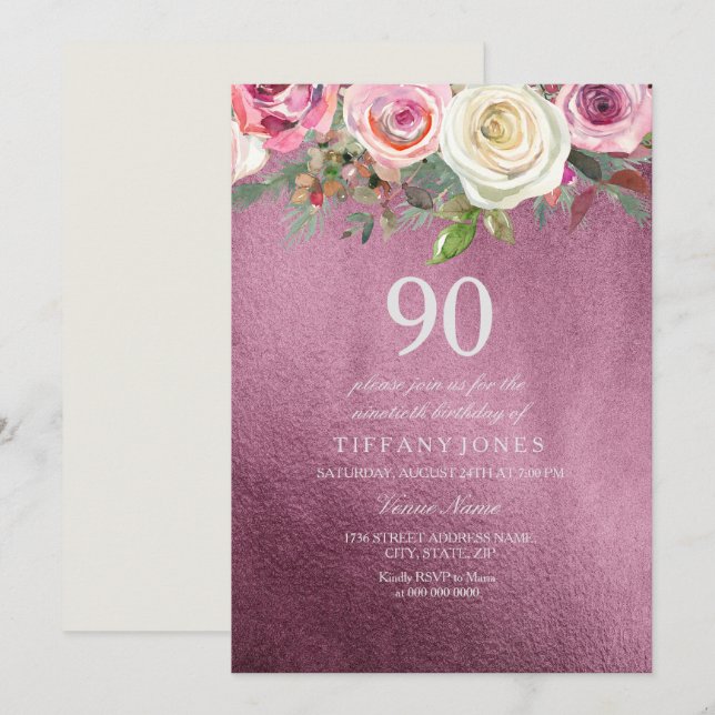 White Rose Pink Burgundy Foil 90th Birthday Invite (Front/Back)