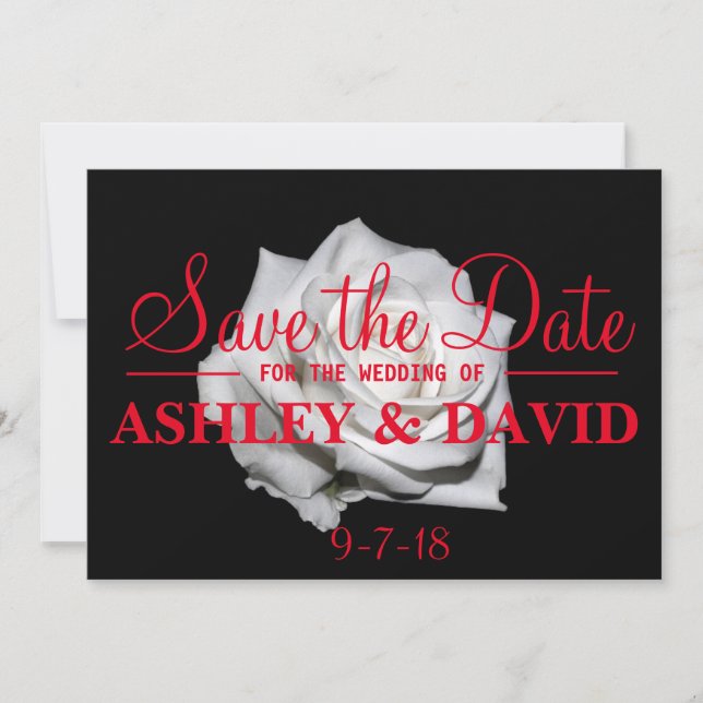 White Rose Red Script Save the Date Card (Front)