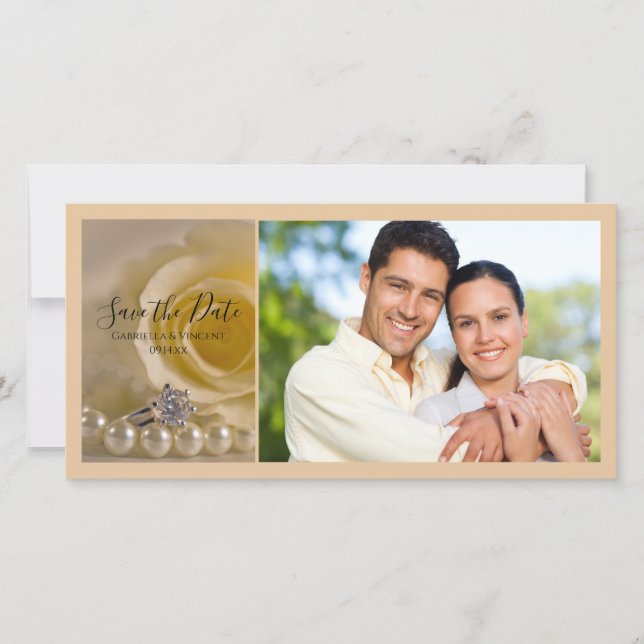 White Rose, Ring and Pearls Wedding Save the Date (Front)