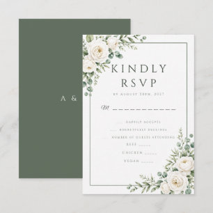 White Rose Sage Green Floral Wedding RSVP Card