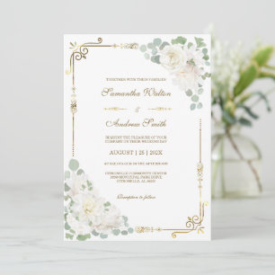 White Rose Sage Green Gold Wedding Invitation